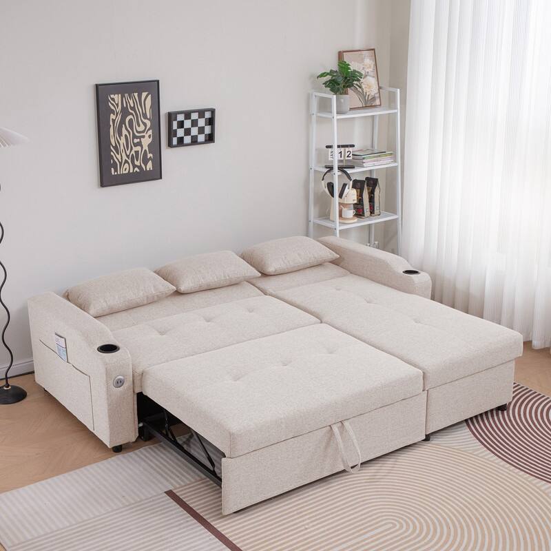 Modern Upholstered Linen Sleeper Sofa Sectional with Chaise,Pull Out Couches with USB Ports & Cup Holders