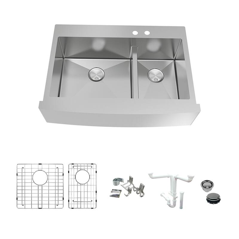 Diamond Sink Kit with Farmhouse Style 60/40 Double Bowls, Magnetic Accessory Kit and Drain Kit - 2 Right Faucet Holes