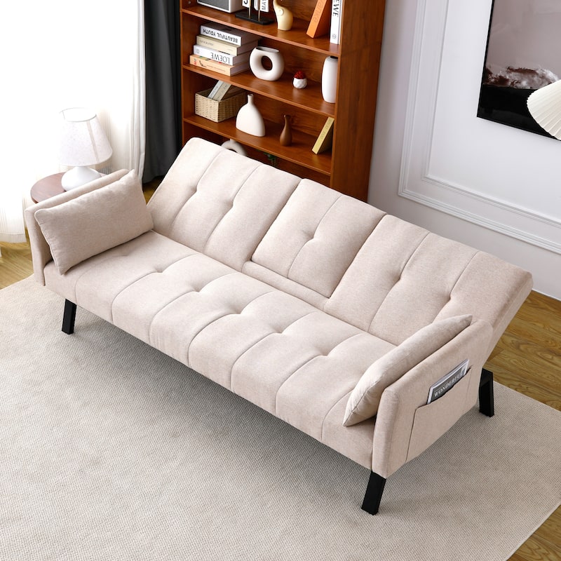 Cotton Linen Fabric Loveseat Sofa Sleeper Sofa Bed for Small Space with Center Table, Cup Holders, Pillows and Side Pockets