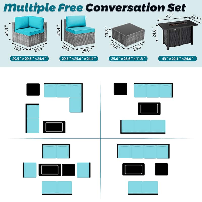 8-Piece Outdoor Patio Wicker Conversation Set with Fire Pit Table, Sectional Sofa & Cushions - N/A