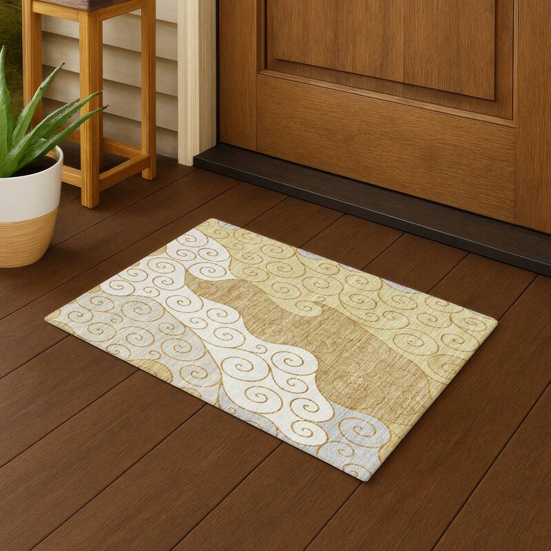 Machine Washable Indoor/ Outdoor Swirly Chantille Rug - Gold - 1'8" x 2'6"