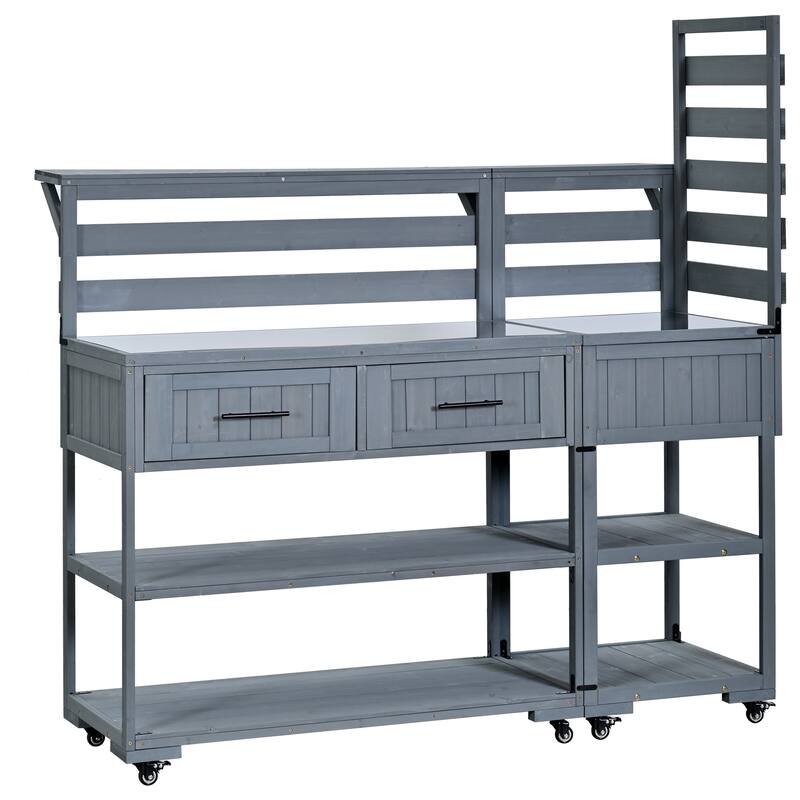 Solid Wood 62.3'' Patio Kitchen Island Kitchen Cart with Stainless Table Top, Garden Potting Bench with Raised Shelf and Drawers