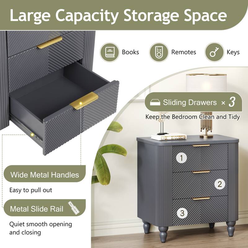 3 Drawers Nightstand Bedroom Bedside Table Sofa End Table with Wooden Gourd Legs