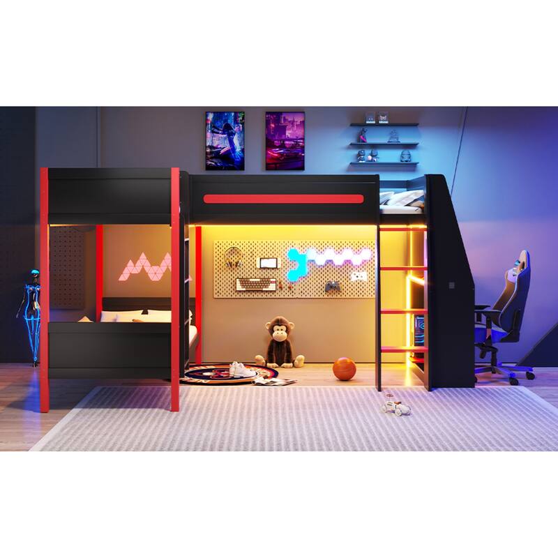 Roomfitters L-Shaped Twin Bunk & Loft Bed with Built-In Gaming Desk, LED Lights, Black and Red