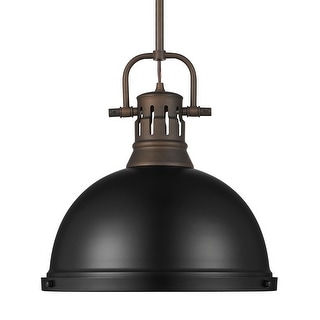 Yep by Golden Lighting Duncan 1-light 14in Rod Hung Pendant in Rubbed Bronze and Matte Black shade