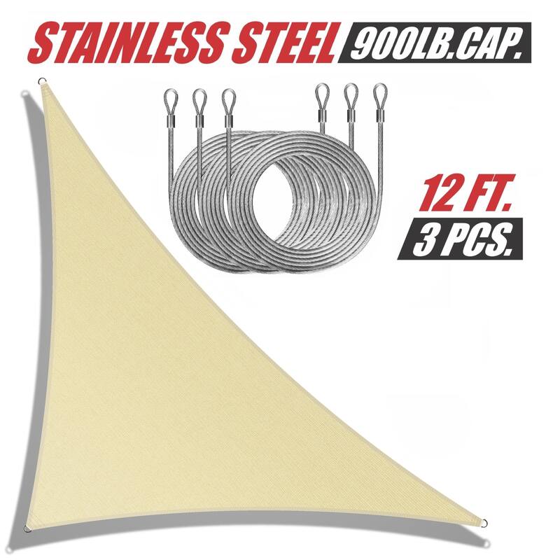 ColourTreeUSA Right Triangle Sun Shade Sail w/Cable Ropes HDPE Mesh Fabric Screen Canopy UV Block 190 GSM - 10' x 10' x 14' - Beige