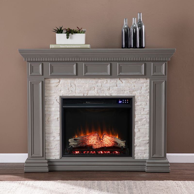 SEI Furniture Dalaro Modern Electric Fireplace with Faux Stone Mantel - Mirrored Reflector Firebox