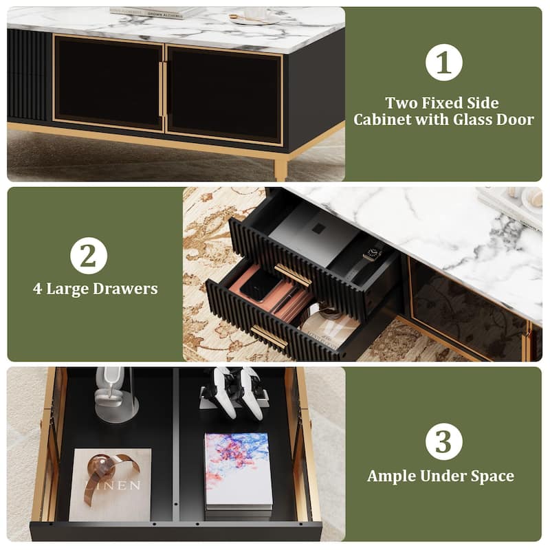 Minimalist Coffee Table with Faux Marble Surface, Glass Storage Doors
