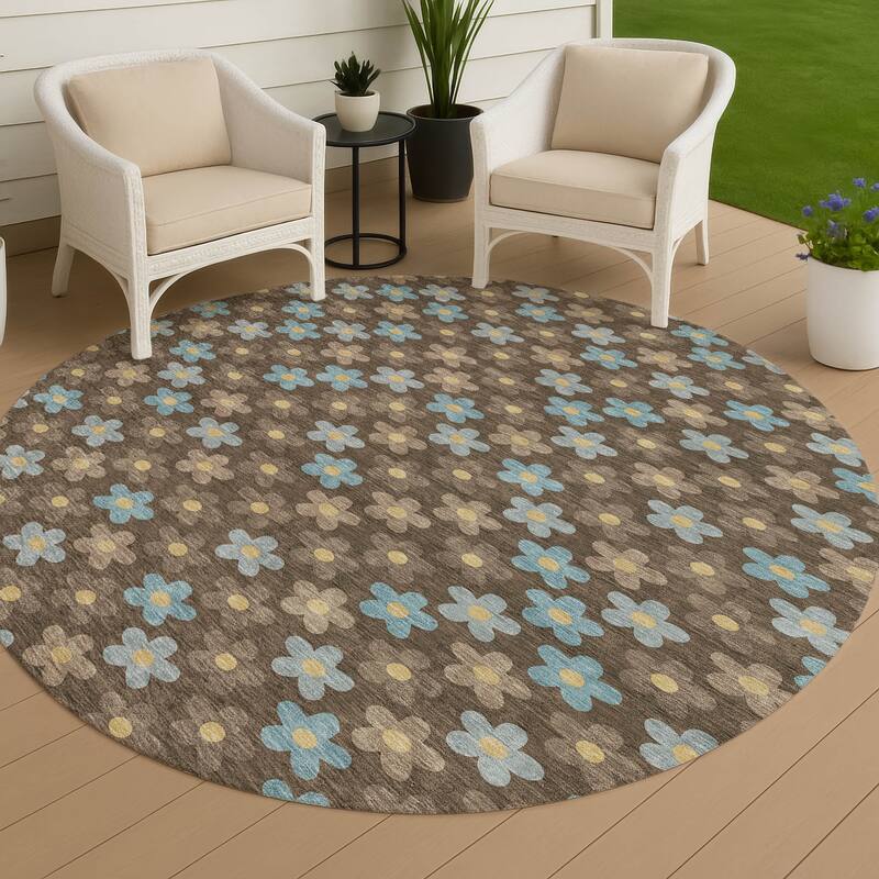Machine Washable Indoor/ Outdoor Floral Kechi Chantille Rug - Chocolate - 8' x 8'