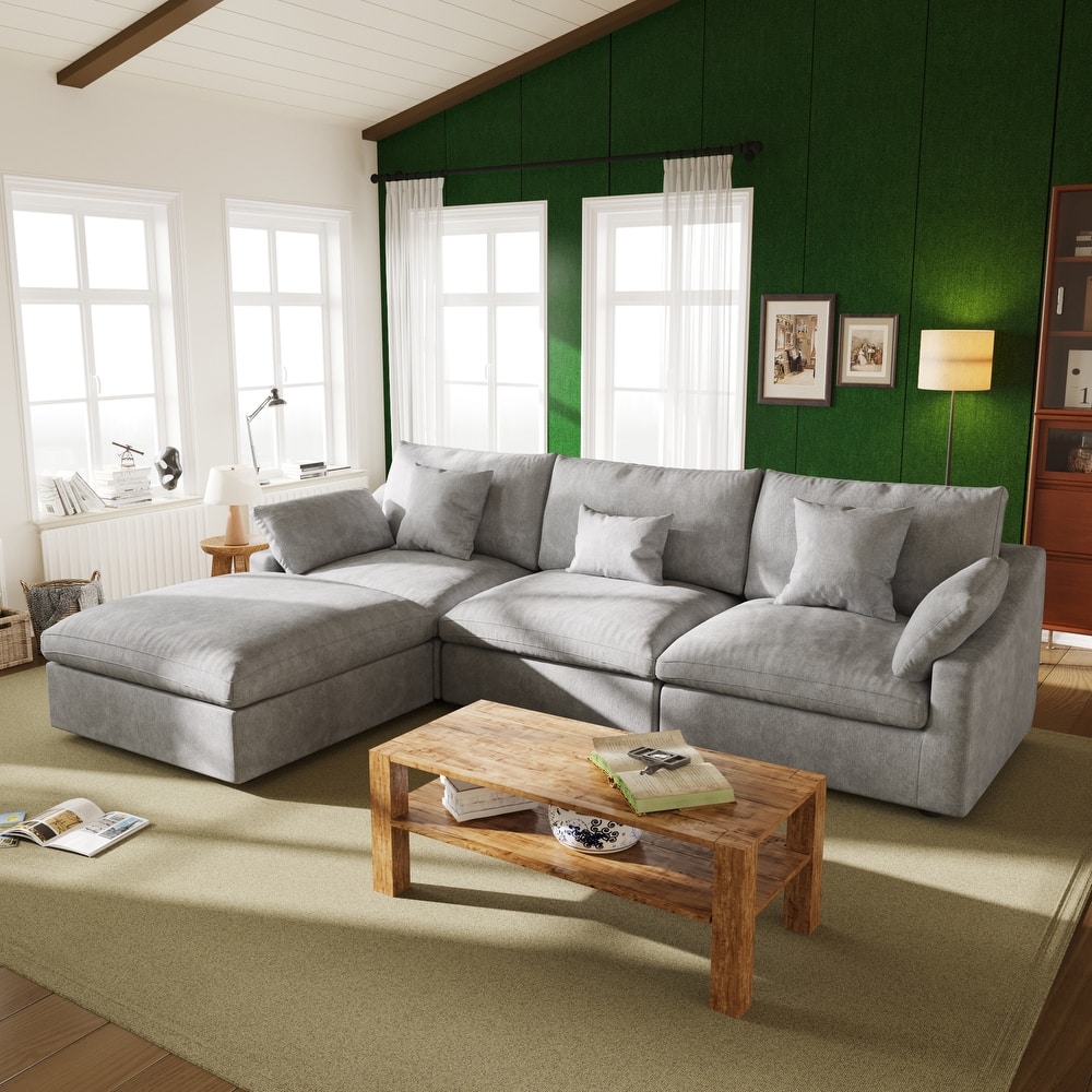 119'' L-shape Linen Fabric Upholstered Sectional Sofas with Ottoman