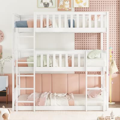 Twin Over Twin Over Twin Triple Bunk Bed, Rubber Wood, Convertible Design with Ladders and Guardrails