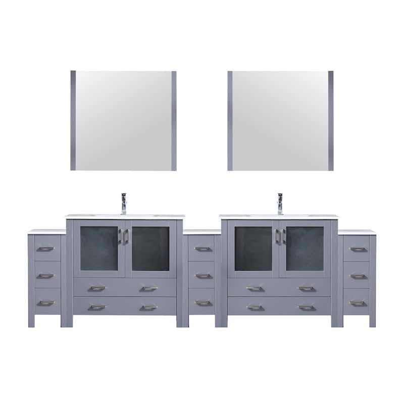 Volez Double Bath Vanity with Side Cabinets, White Ceramic Top, 34 in Mirrors and Faucet Set - 108 - Dark Grey