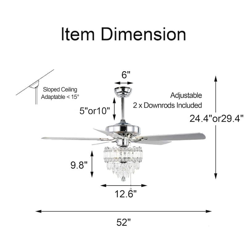 Oaks Aura 52in. Luxury Crystal Classic Reversible Ceiling Fan with Remote Control, 5 Wooden Blades Ceiling Fan with Lights - 52