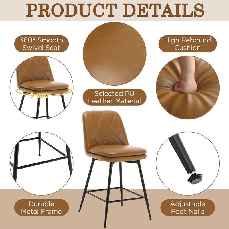 Faux Leather Upholstered Metal Frame Bar or Counter Height Swivel Bar Stools (Set of 2)