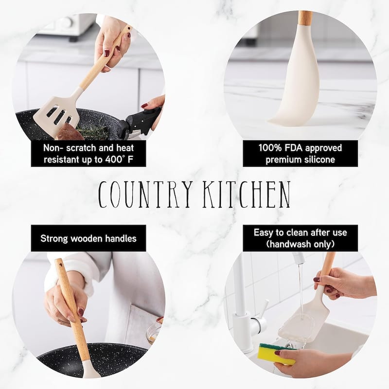 Country Kitchen Non Stick Silicone Utensil Set with Rounded Wood Handles for Cooking and Baking, 14 Piece Set