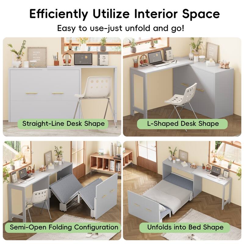 Murphy Cabinet Bed with Foldable Cushion and Adjustable Position Desk,Twin Size