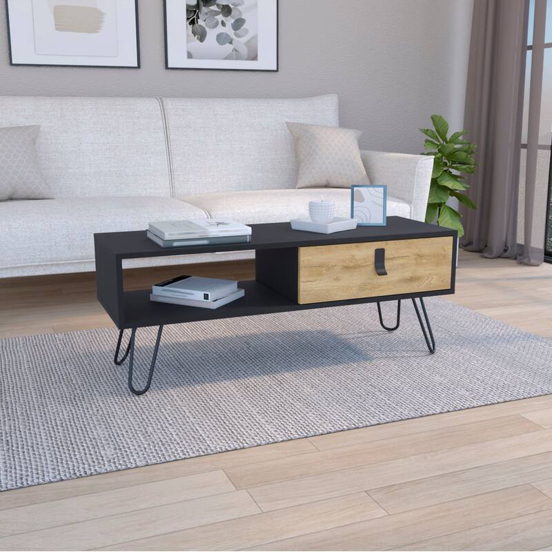 Huna Coffee Table with Hairpin Legs and Drawer - Black / Macadamia - Wood