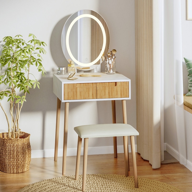 Small Vanity Desk with Mirror and Lights, Wooden Handles with Cushioned Stool