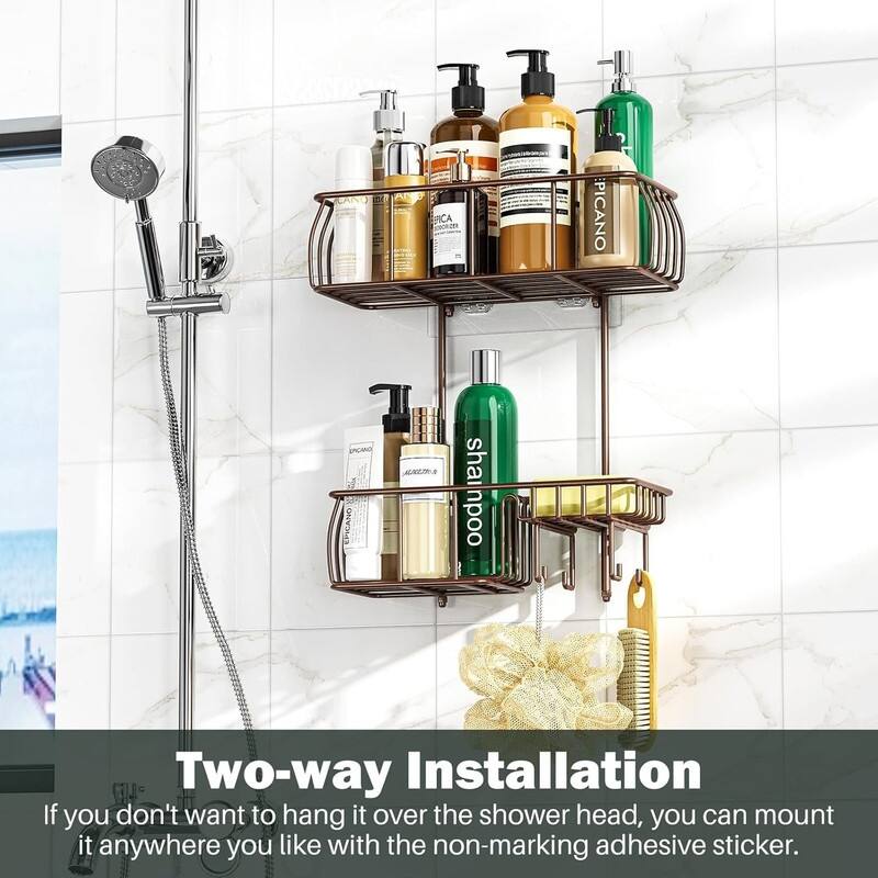 Shower Caddy Hanging, Anti-Swing Over Head Shower Caddy Rustproof with hooks for Towels, Sponge and more