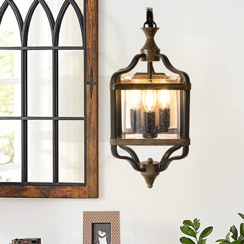 CurveCurio 17"Antique Metal Lantern Wall Sconce w/ Wood Accents and Texteured Round Glass Shade-3 Lights Wall Light - 12"*7"*17"
