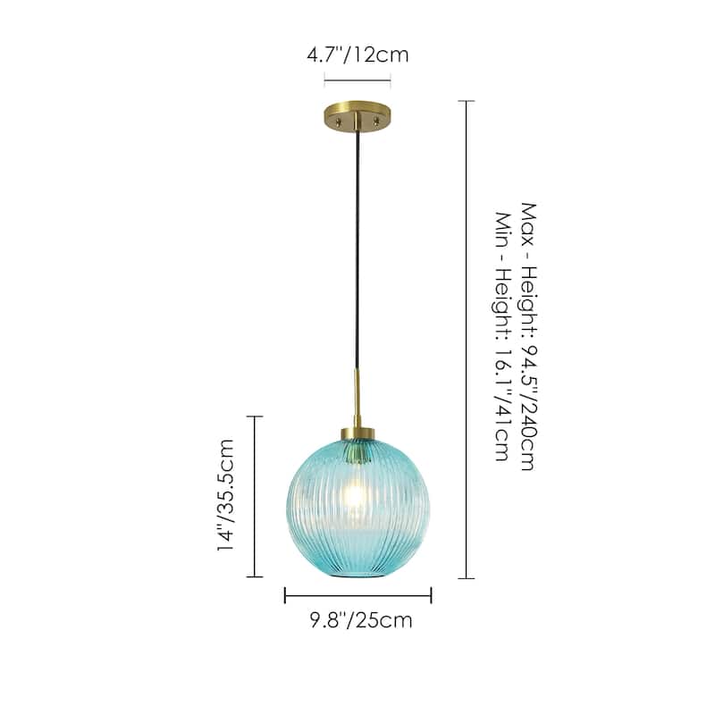 1-Light 9.8" W Mid-century Modern Metal Hanging Pendant Light with Blue Ribbed Glass Globe Shade for Kitchen Island, Dining Room