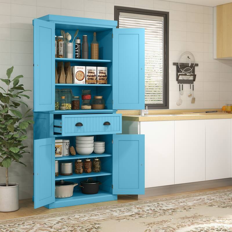 72" Kitchen Pantry Cabinet, Freestanding Tall Storage Cabinet, Traditional Kitchen Cabinet with 4 Doors, Drawer
