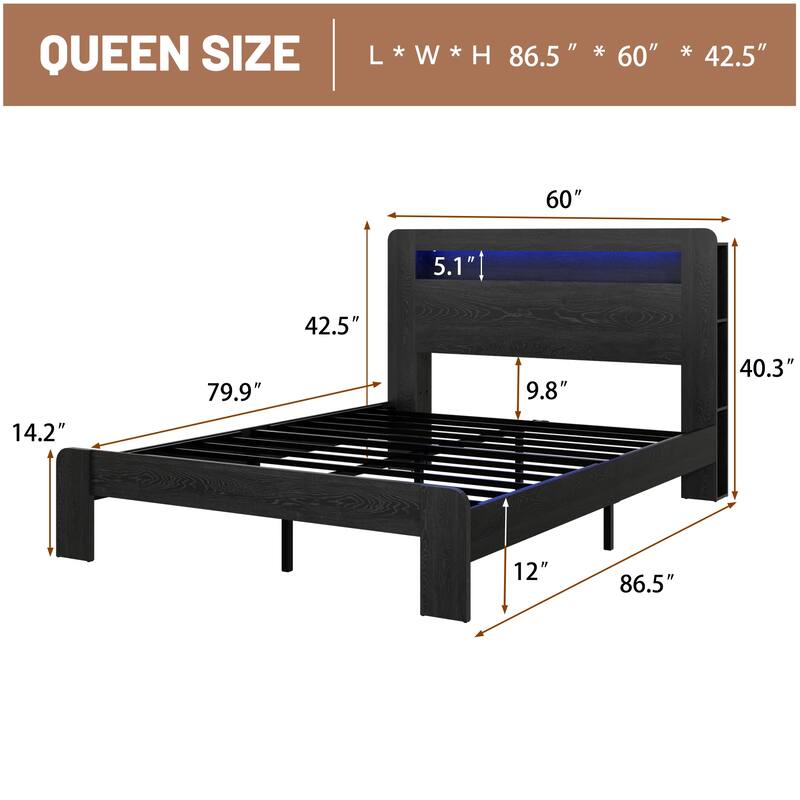 King/Queen/Full Wood Platform Bed Frame with Storage Headboard, LED Lights & USB Ports, Large Under Bed Storage, Dark Black