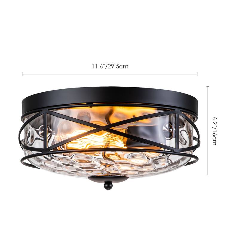 2-Light Mid-Century Modern Vintage Round Dome Water Rippled Clear Glass Cage Flush Mount Ceiling Light