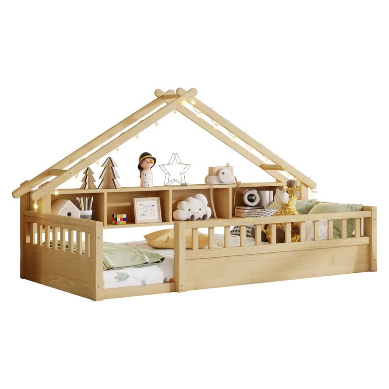 House-shaped Daybed Kids Wood House Bed Montessori Toddler Floor Bed with Roof Shape Storage Bookshelves and Light