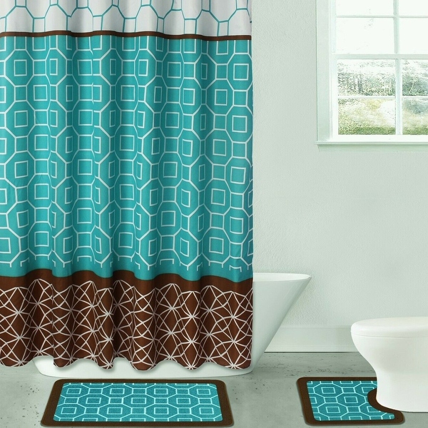 Teal and tan shower on sale curtain