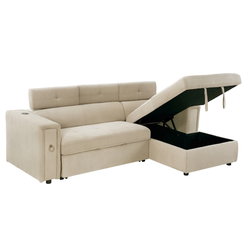 96" L-Shaped 3-Seat Sectional Sofa with Pull-Out Bed, Wireless Charging, and Hidden Storage with Cup Holders