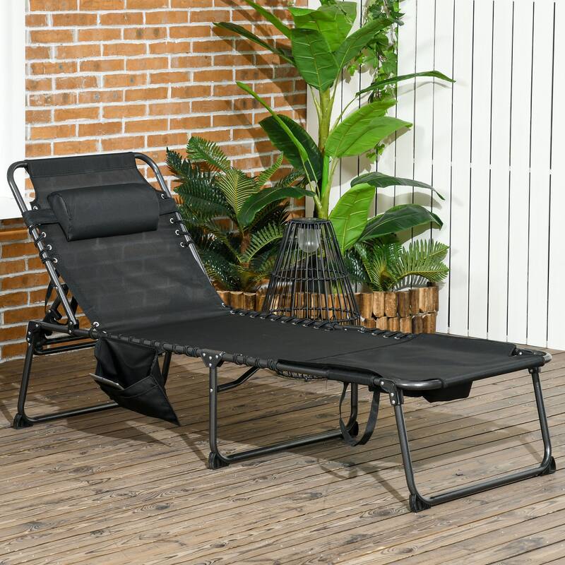 Foldable Outdoor Mesh Chaise Lounger Chair with 5-Position Backrest, Headrest and Side Pocket for Beach Patio Poolside - Black