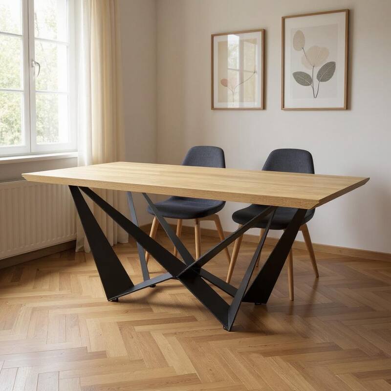 HomeRoots 79" Natural and Black Wood and Metal Trestle Base Dining Table - 79.00 in. x 29.50 in. x 39.50 in. - Yellow - 79.00 in. x 29.50 in.  x 39.50 in.