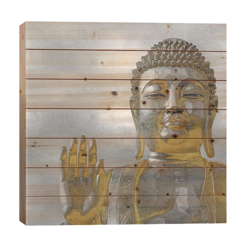 Silver And Gold Buddha Print On Wood by Tom Bray - Multi-Color - 26x26x1.5