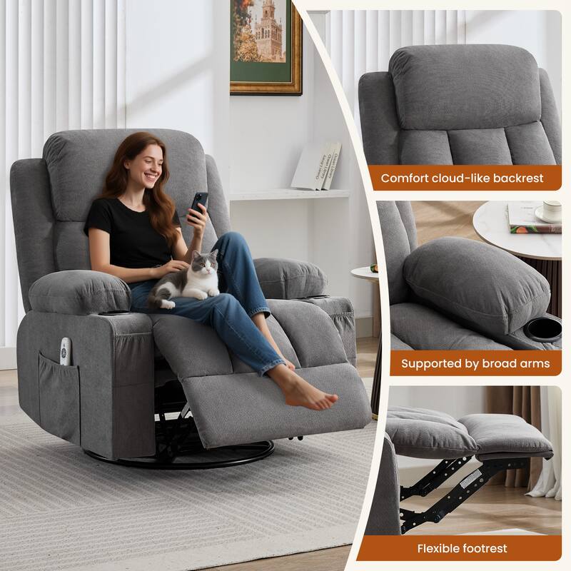Swivel Rocker Recliner Chair with Vibration Massage and Heat, with Rocking and Side Pocket, USB Charge Port, 2 cup holders