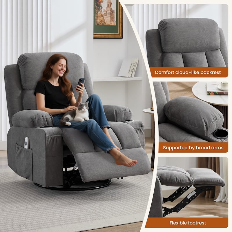 Swivel Rocker Recliner Chair with Vibration Massage and Heat for Living Room