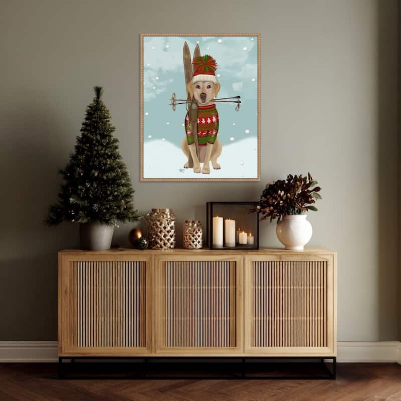 Yellow Labrador Skiing by Fab Funky (23 x 28 in.), Framed Canvas Wall Art Print - Sylvie Beaded Rustic Natural