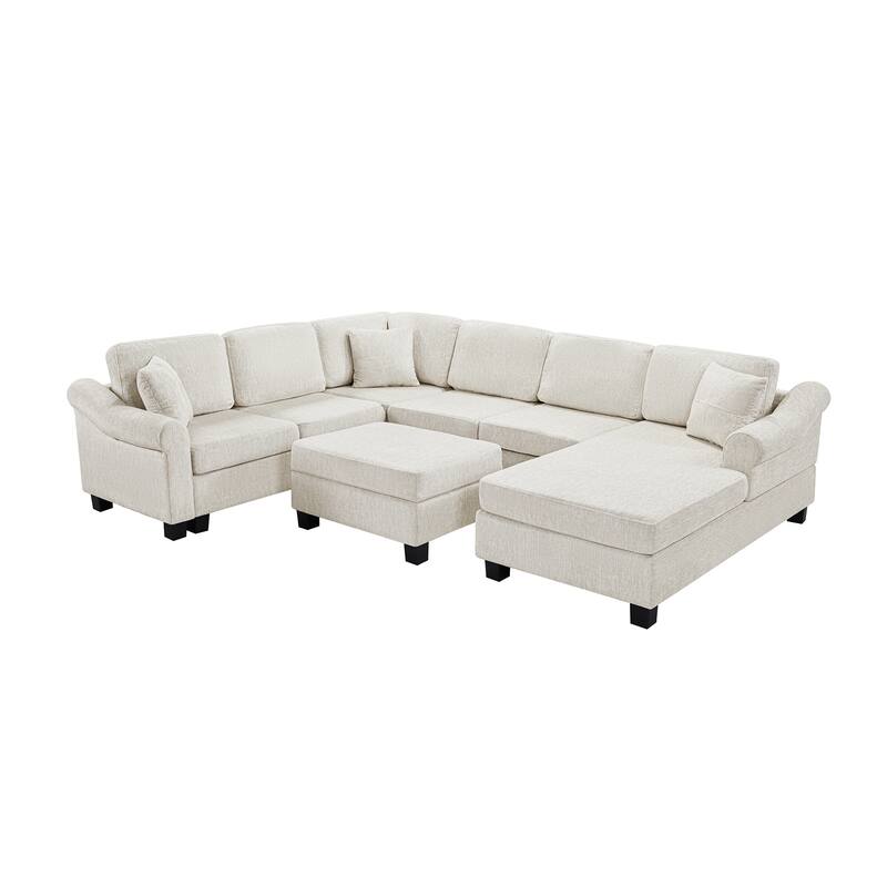 Roomfitters U-Shaped Chenille Sectional Sofa with Storage Ottoman, Modern Upholstered Couch for Living Room