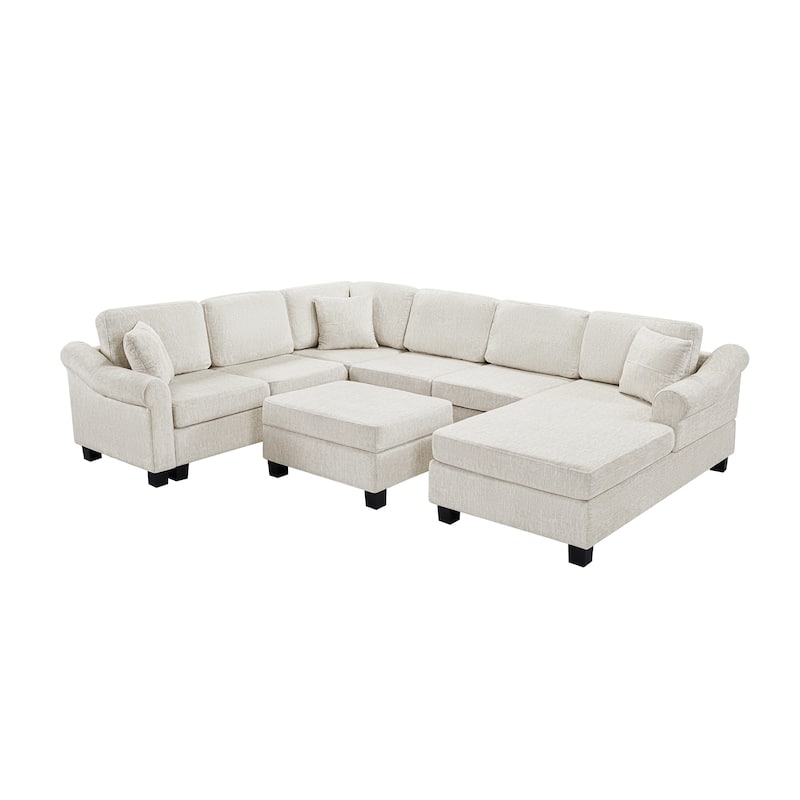 Sectional Sofa 111.8" U-shaped Sofa, Chenille Upholstered Sofa Couch with Movable Storage Ottoman for Living Room