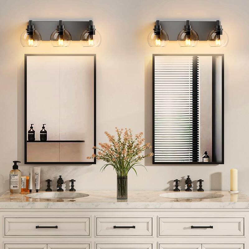 Bathroom Vanity Light with Clear Globe Glass Shades, Modern Black Wall Sconce Over Mirror, Vanity Lighting for Bath