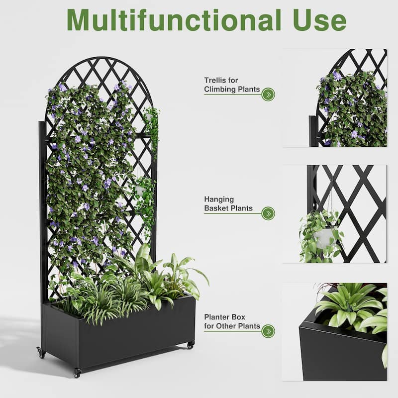Movable Raised Garden Bed with Trellis and Lockable Wheels - 71*35