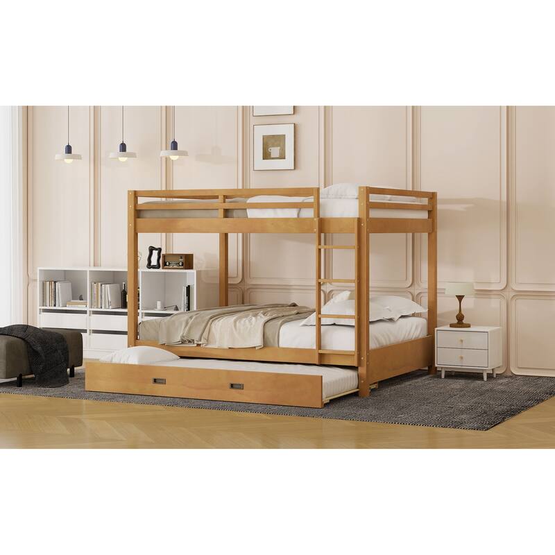 Queen Size Pinewood Bunk Bed with Ladder, Guard Rails and Twin XL Trundle