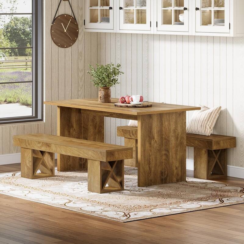 55-Inch Extra Long Dining Bench, Farmhouse Wooden Entryway Bench, Indoor End of Bed Stool for Dining Room, Bedroom, Hallway