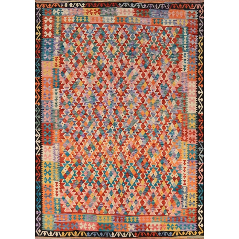 Reversible Multi-Color Kilim Area Rug Flatweave Geometric Wool Carpet - 8'4" x 11'2"