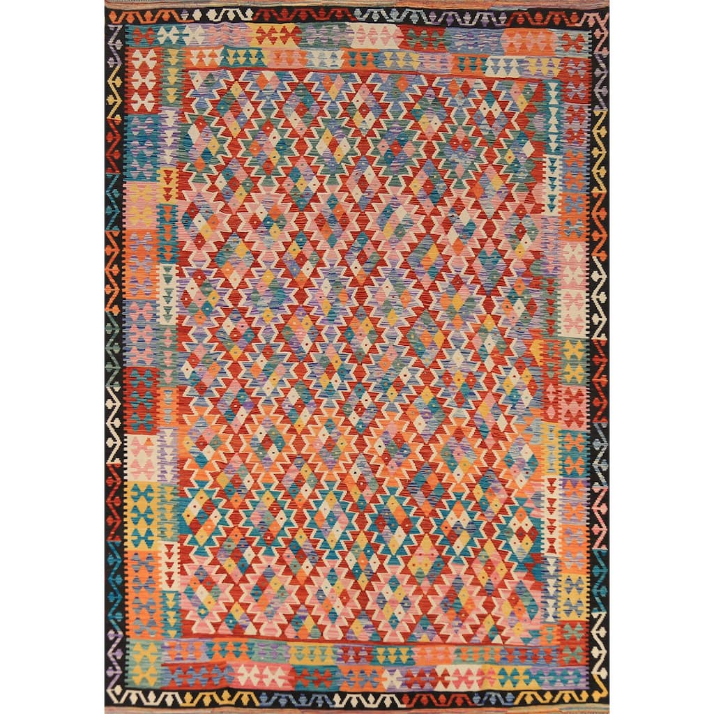Reversible Multi-Color Kilim Area Rug Flatweave Geometric Wool Carpet - 8'4" x 11'2"
