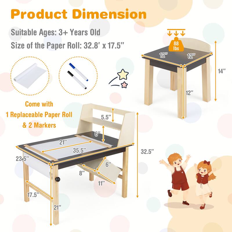 Wooden Kids Art Table & Chairs Set with Paper Roll Storage Shelf Bins
