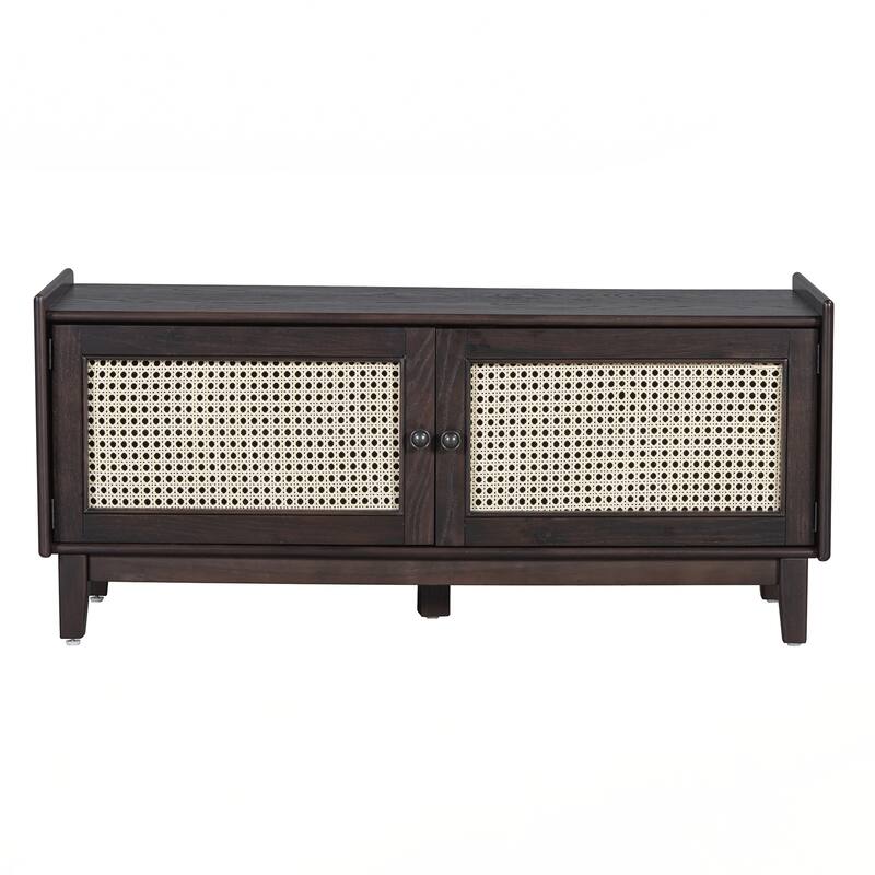 Rattan Entryway Bench with Storage, Cushioned Shoe Bench with Double Doors
