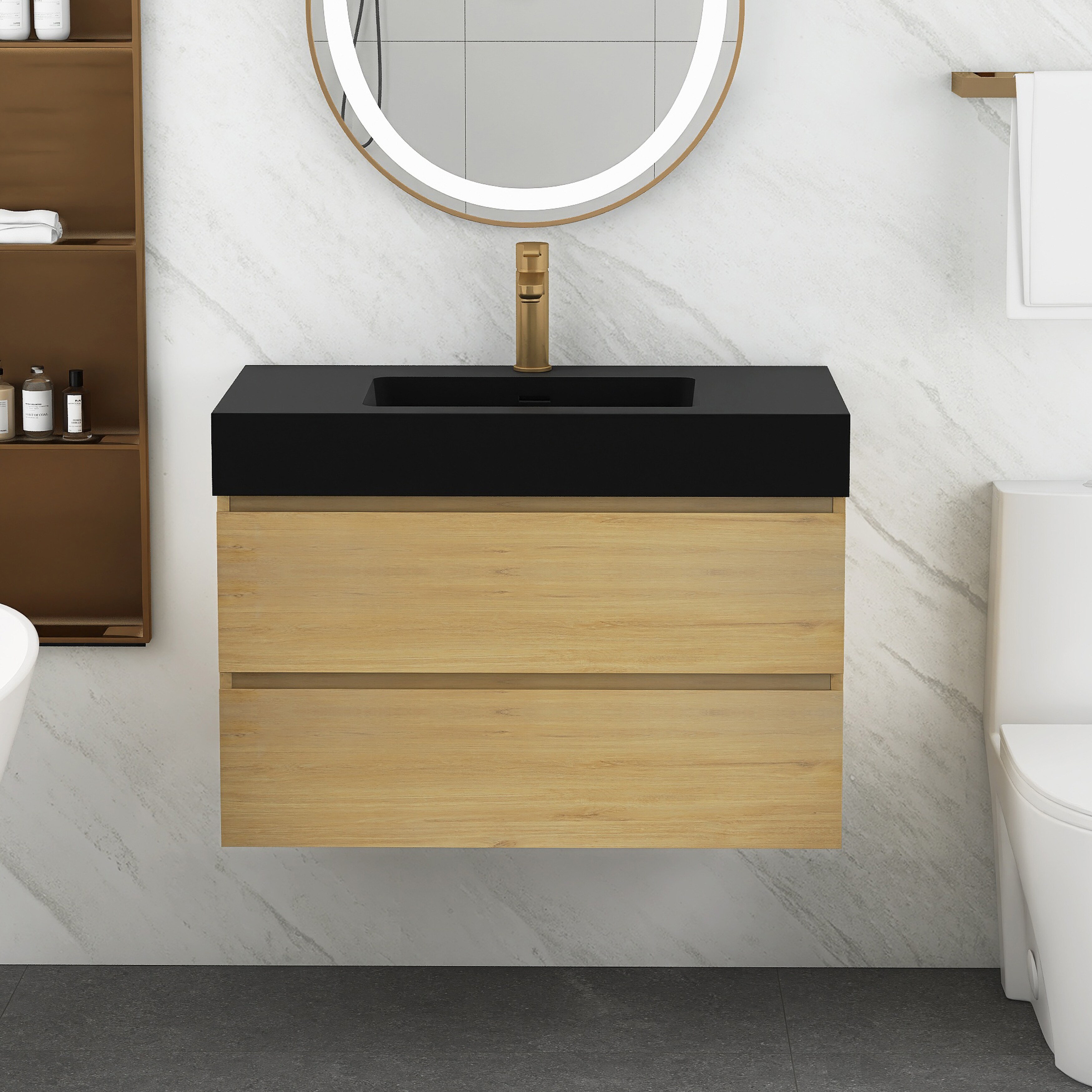 Floating Bathroom Vanity with Black Solid Surface Top