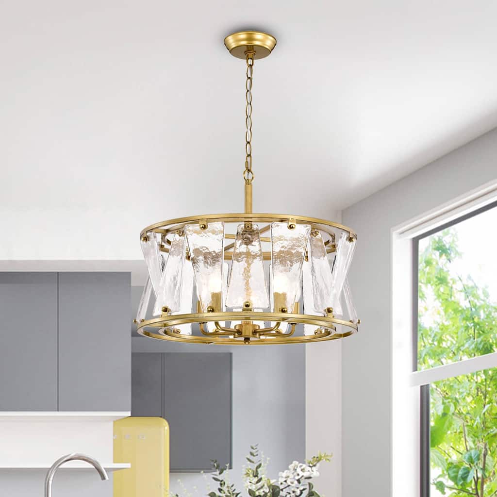 Laia Modern 5-Light Water Textured Glass Drum Round Chandelier - Brushed Brass
