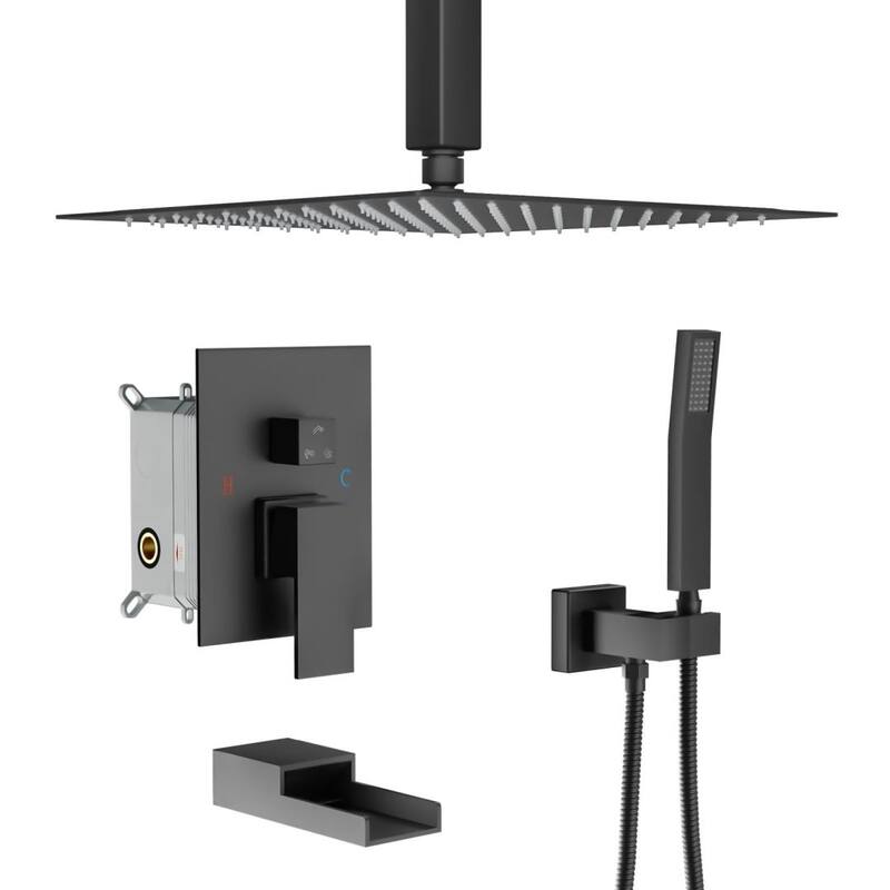 Lordear 16" Rain Mixer Shower System with Ceiling-Mounted Rainfall Shower Head and Square Rain Shower Head - Black